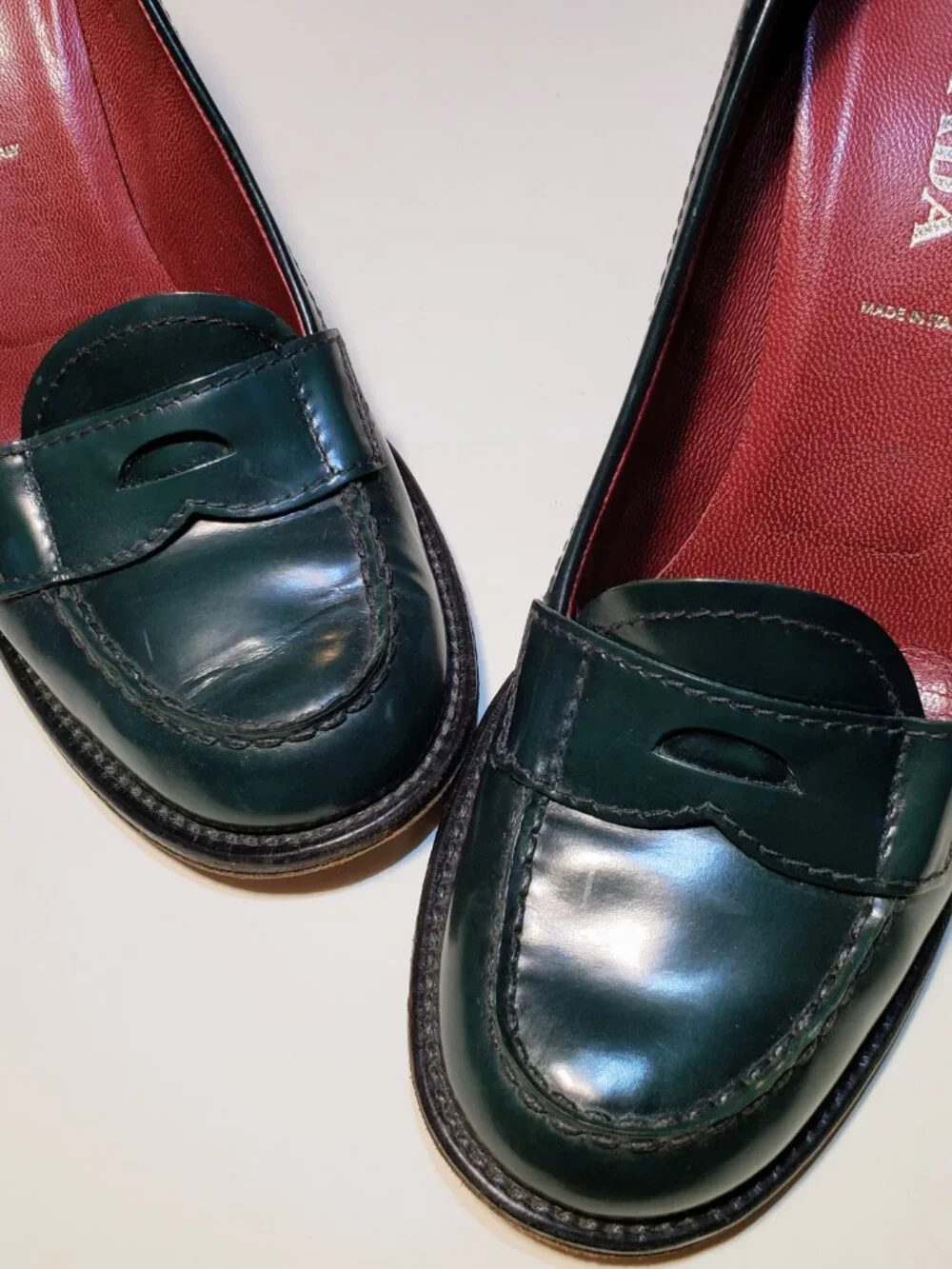 Prada Green Leather Penny Loafer Luxury Heels EU 38 39 US 8.5 Made in Italy - Picture 10 of 11